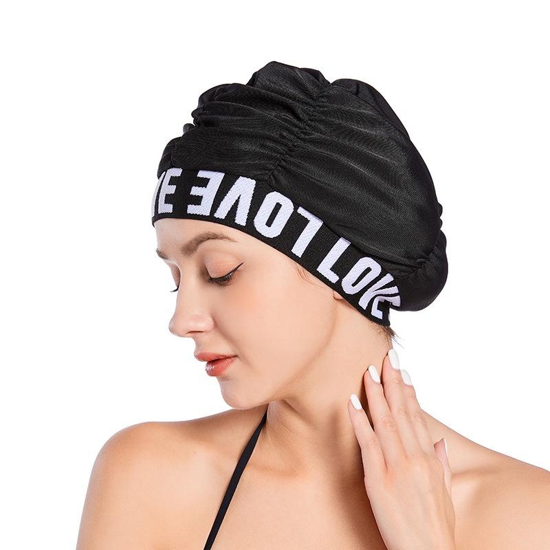 Women'S Pleated Swimming Cap With Love Print, Soft & Comfortable, Long Hair & Ear Protection For Adults, Non-Slip & Extra Large