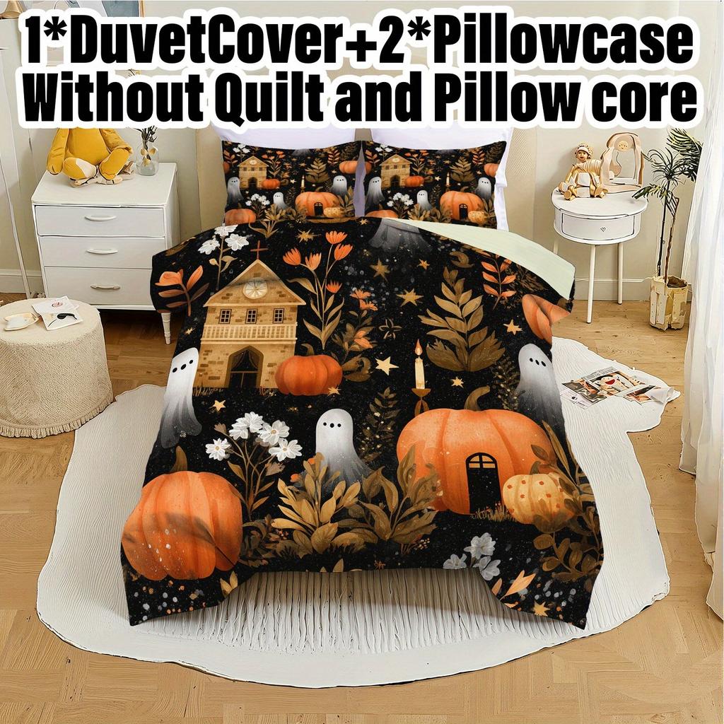 3pcs Halloween Pumpkin Monster Duvet Cover Set Without Core, Quilt Cover with 2 PillowcasesSoft and Machine Washable