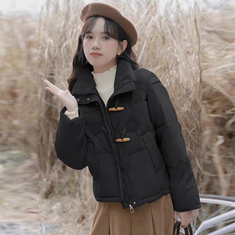 Damen Winter Kurzer Hornknopf Wattierter Mantel Lockerer Schnitt Figurvergrößernder, dicker, warmer Baumwollmantel Oberbekleidung