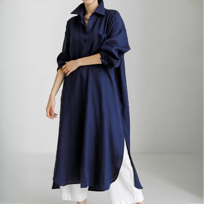 

Женское повседневное свободное платье-рубашка с отложным воротником и длинными рукавами XXL темно-синий