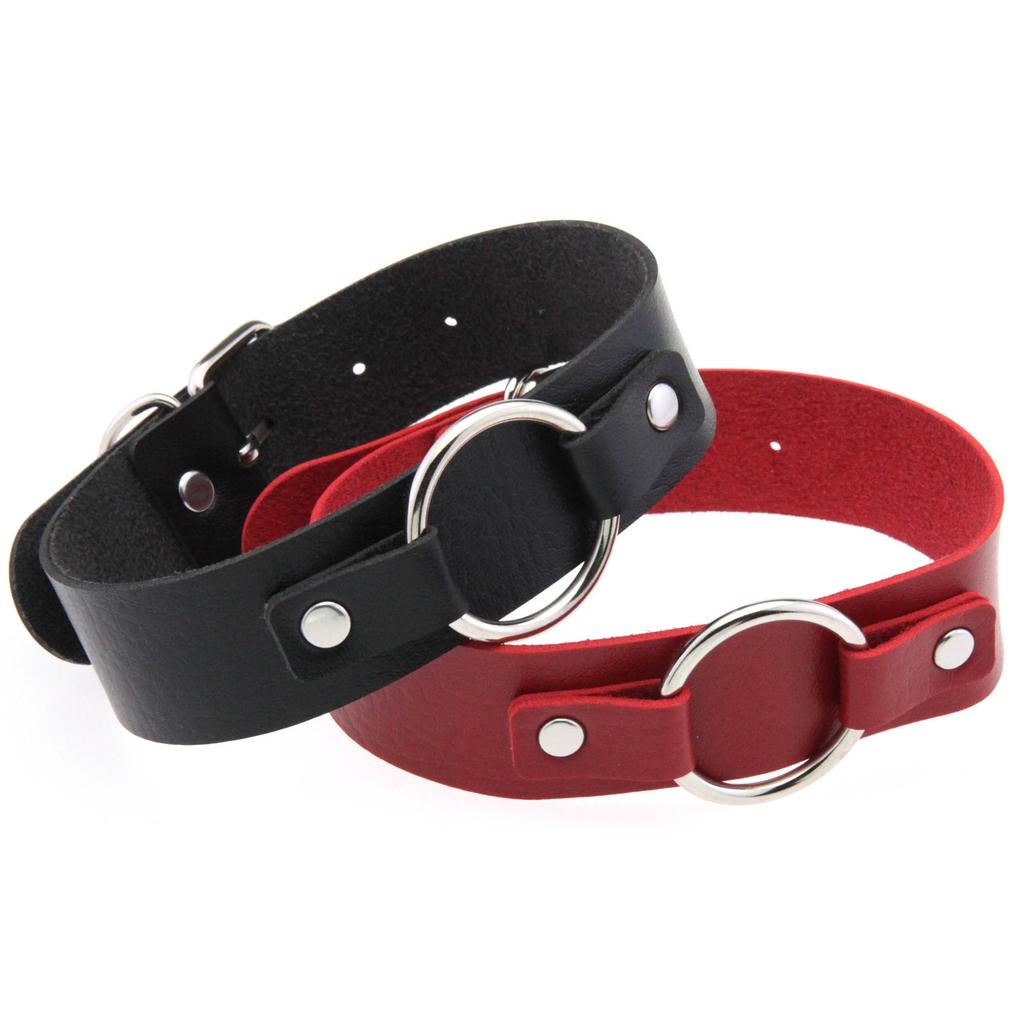 Unisex Round Ring PU Leather Choker, Harajuku Punk Adjustable Neck Collar