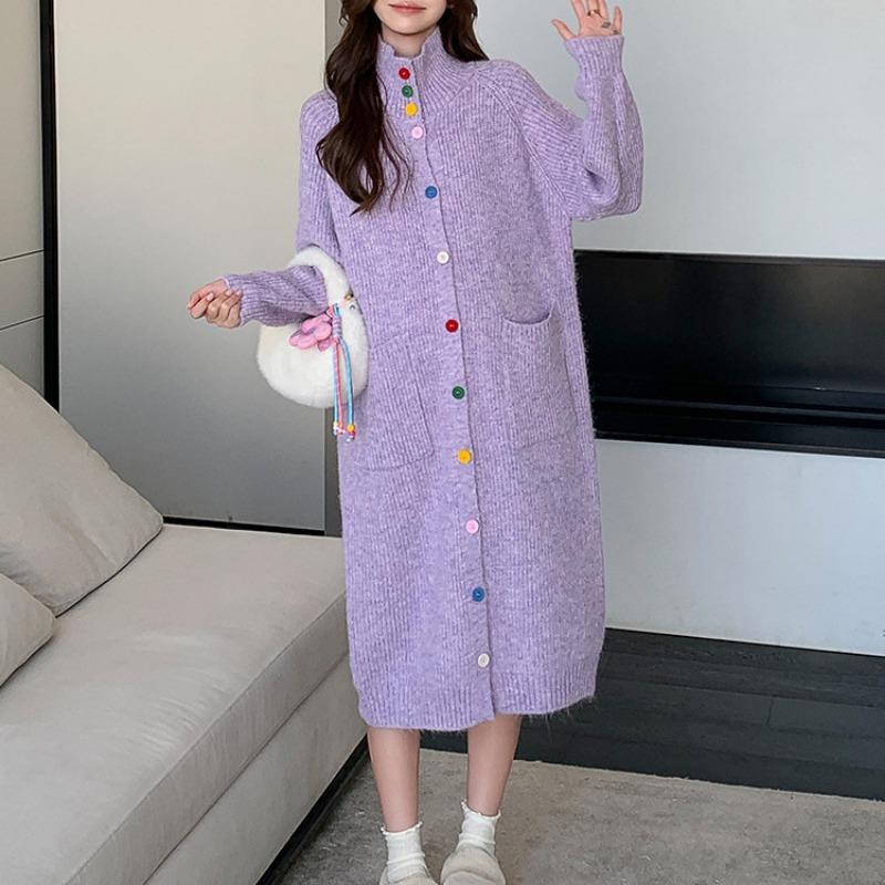 

Gentle wind color buckle semi-turtleneck knitted cardigan women s autumn and winter new loose lazy dress sweater long dress one size fits all фіолетовий