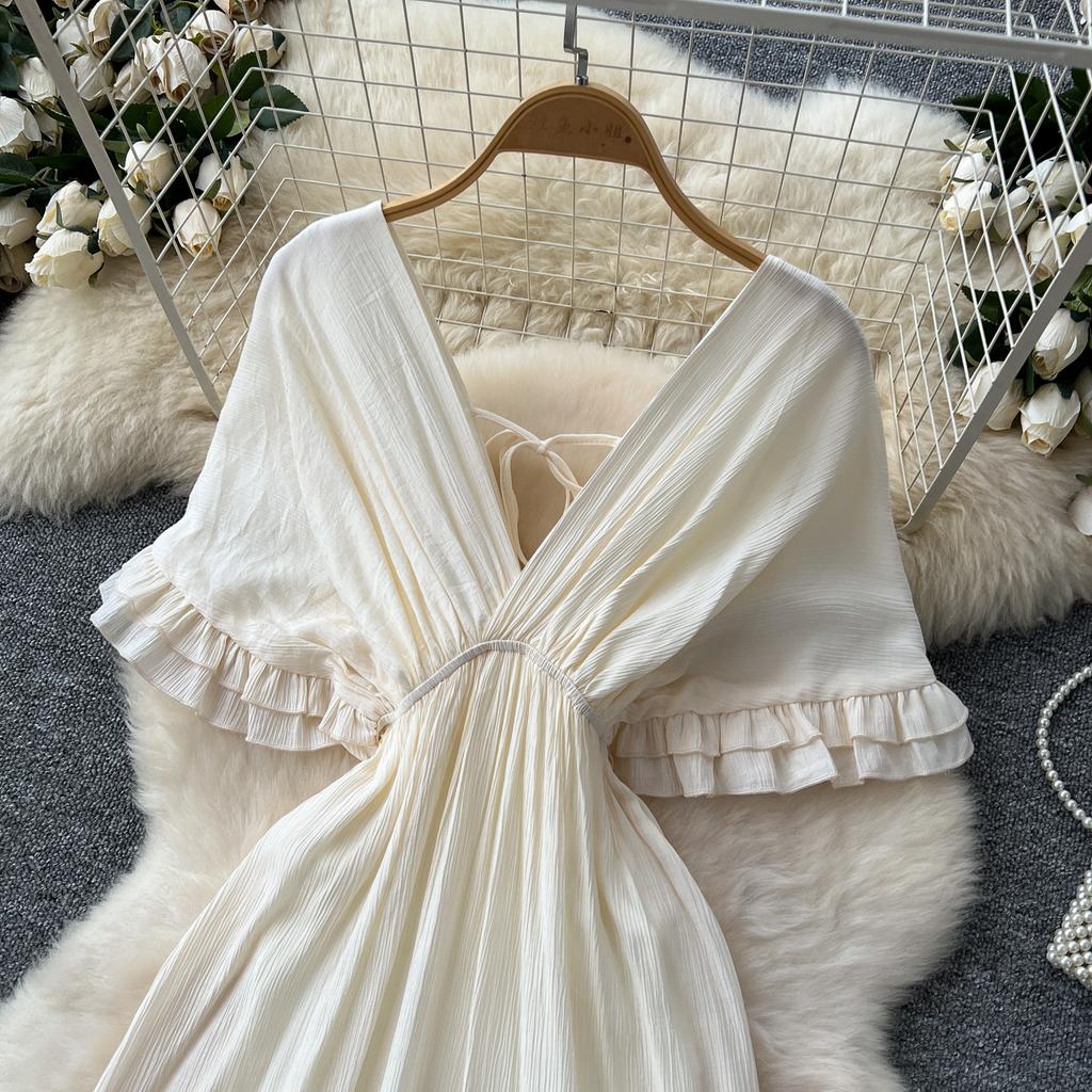 Summer Women Deep V-neck Ruffles Solid Chiffon Oversize Chic Boho Beach Holiday Long Maxi Dresses