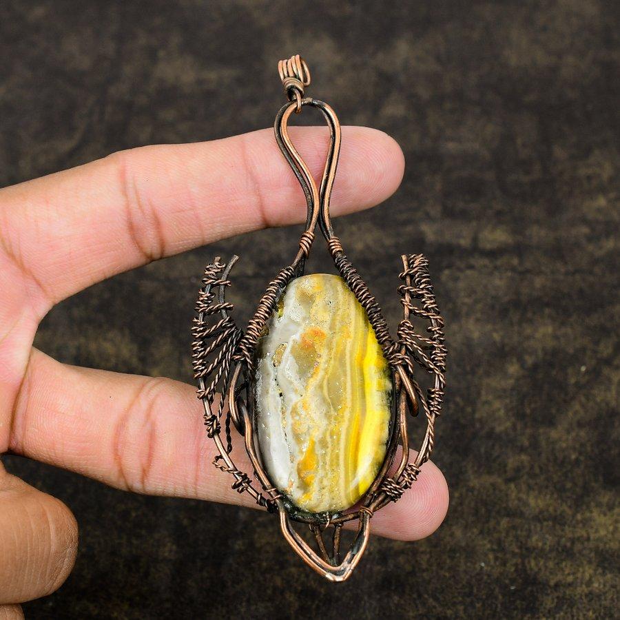 Natural Bumblebee Jasper Gemstone Copper Wire Wrap Gift Pendant 4.14" v4W84