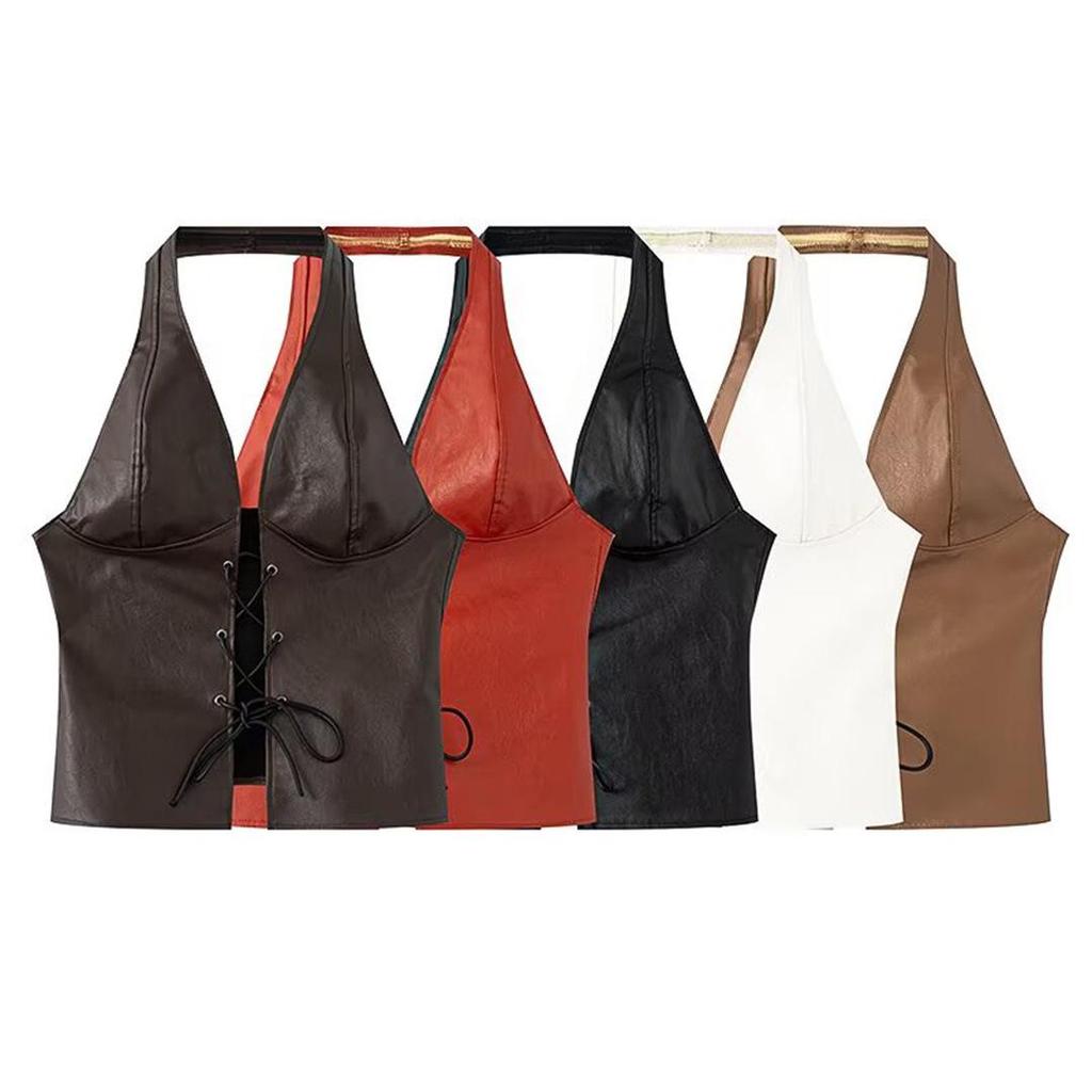 2025 Spring Women's Euro-American Style Halter Tie-Up Cutout PU Crop Vest