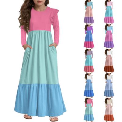 Mädchen Stufenkleid mit Rüschen - Langärmeliges bedrucktes Maxi mit Taschen