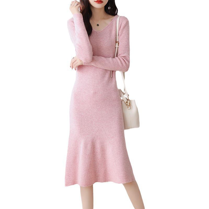 V-Neck Wool-Cashmere Sweater Dress for Women - Slim Fit, Mid-Length, Over-the-Knee, Autumn/Winter Style