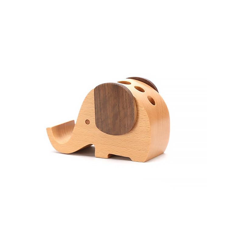 Modern Wooden Elephant Pen Holder With Phone Dock For Workspace And Bedroom
