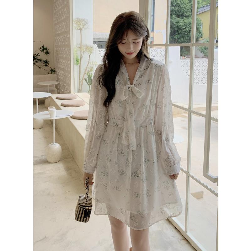 Spring Korean Style Women Long Sleeve Party Dress Autumn Floral Print Elegant Maxi Dresses Vintage Lady Lace-up Clothe