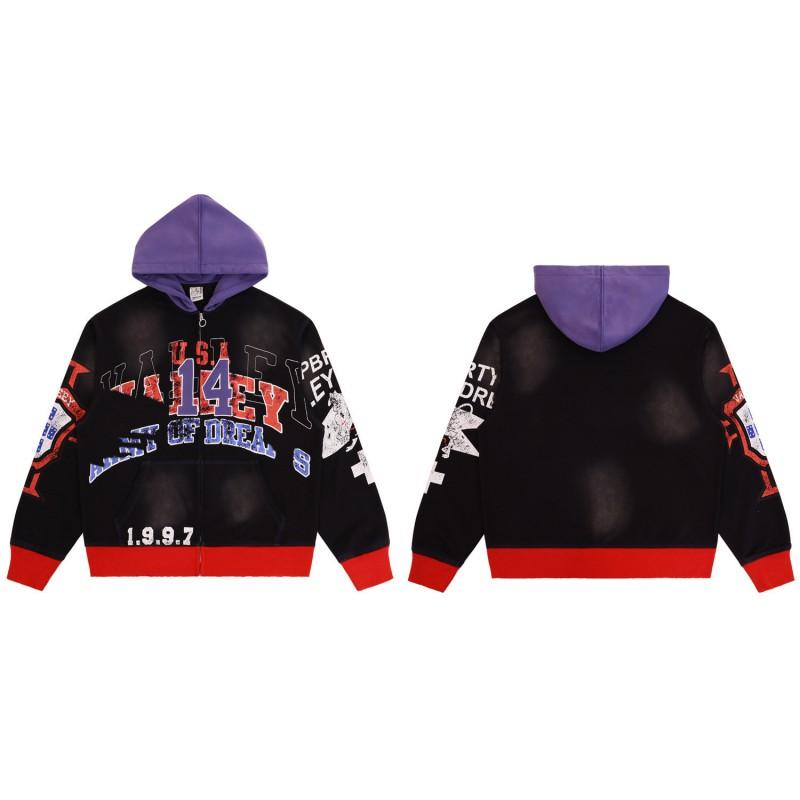 Mens Oversized Washed Cotton Hooded Zip-Up Sweatshirt With Contrast Zipper Patch Pockets