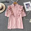 Women's Stand-up Collar Spring Embroidery Shirt Hollow Ruffled Lace Shirt Short-sleeved Solid Colour Ageing Splicing Shirt