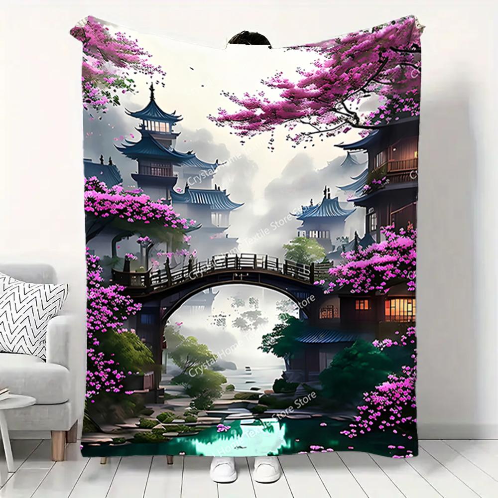 Japanese Architecture & Cherry Blossoms Flannel Blanket, Soft Warm Throw Blanket Nap Blanket For Sofa Office Bed Camping Trave