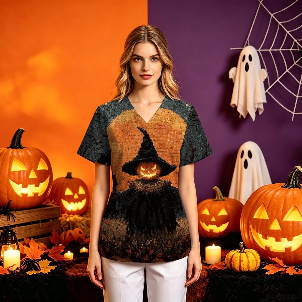 Women's Halloween Print Short Sleeve V-Neck Scrub Top with Pockets Loose Fit