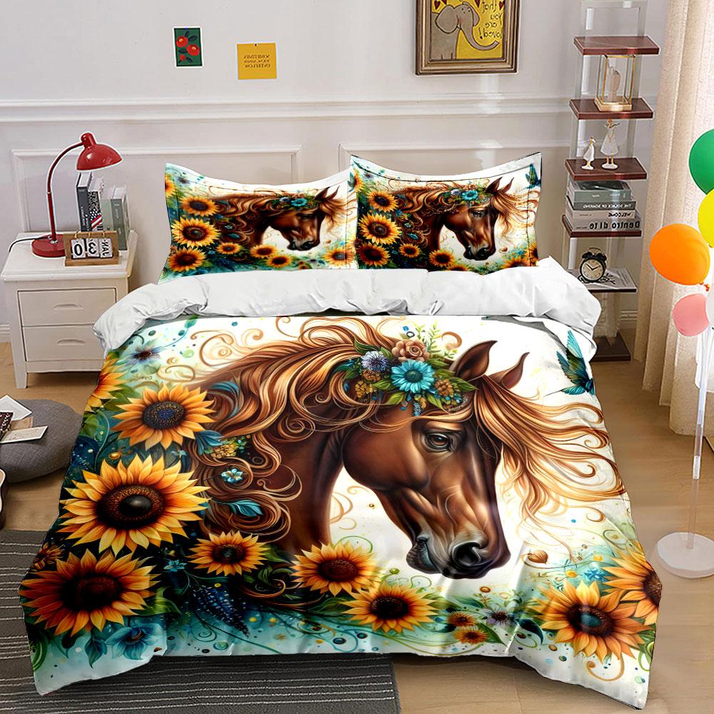 Sunflower Horse Art Set Multiple Sizes Kid'S And Adults' Bedroom Exquisite 3Pc Bedding Set, Gift