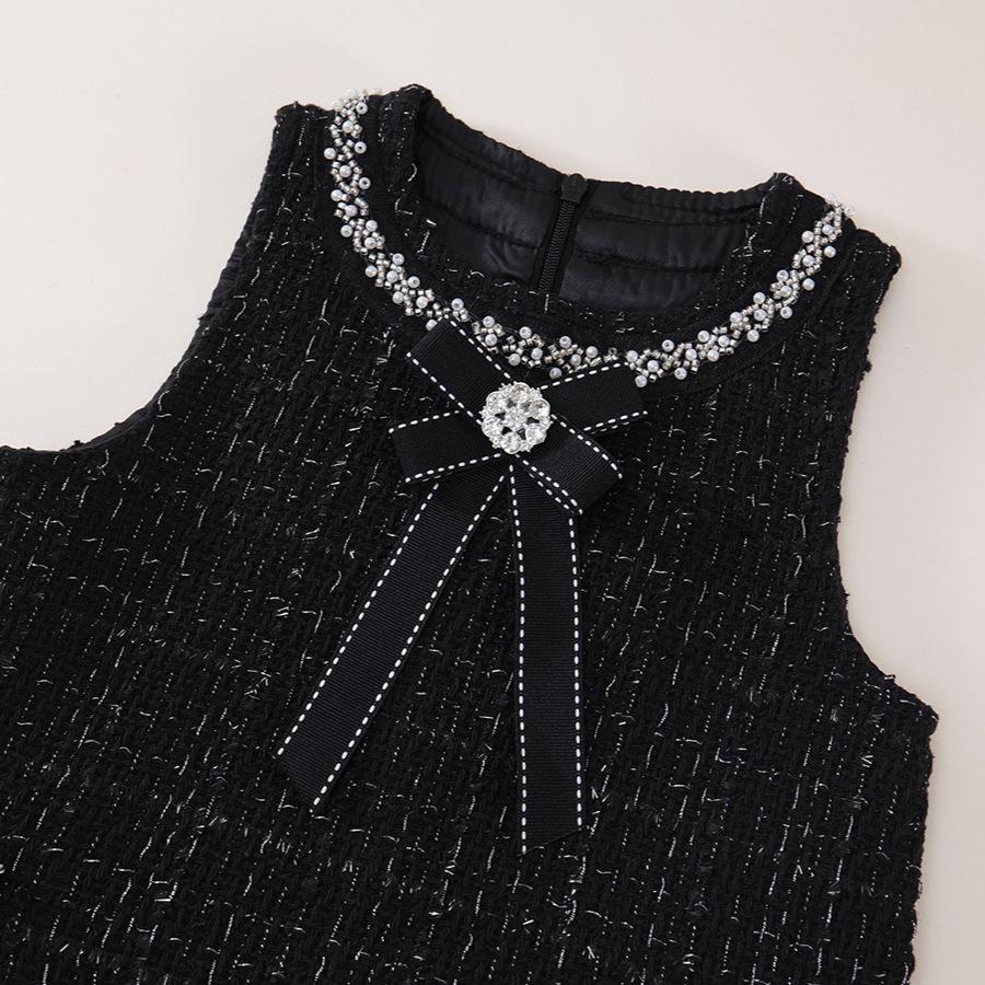 Mädchen Kleidung Ärmellose Weste Kleid Frühling Neu Kinder Leichter Luxus Schwarzer Strass Schwarzes Kleid