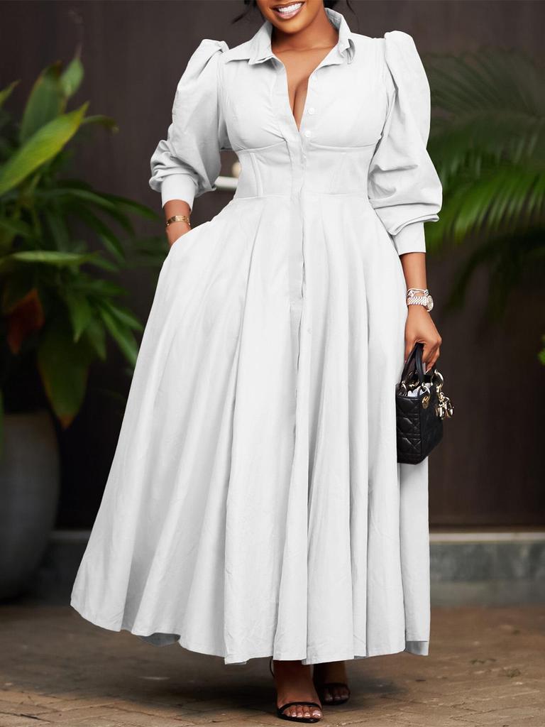 D570 Elegant Women's Long Sleeve Swing Shirt Dress, Solid Color Mid-Length African Style