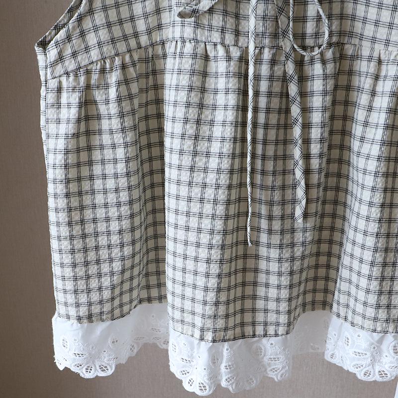 2025 Korean Style Sleeveless Plaid Lace-Trim Tie Top 3998
