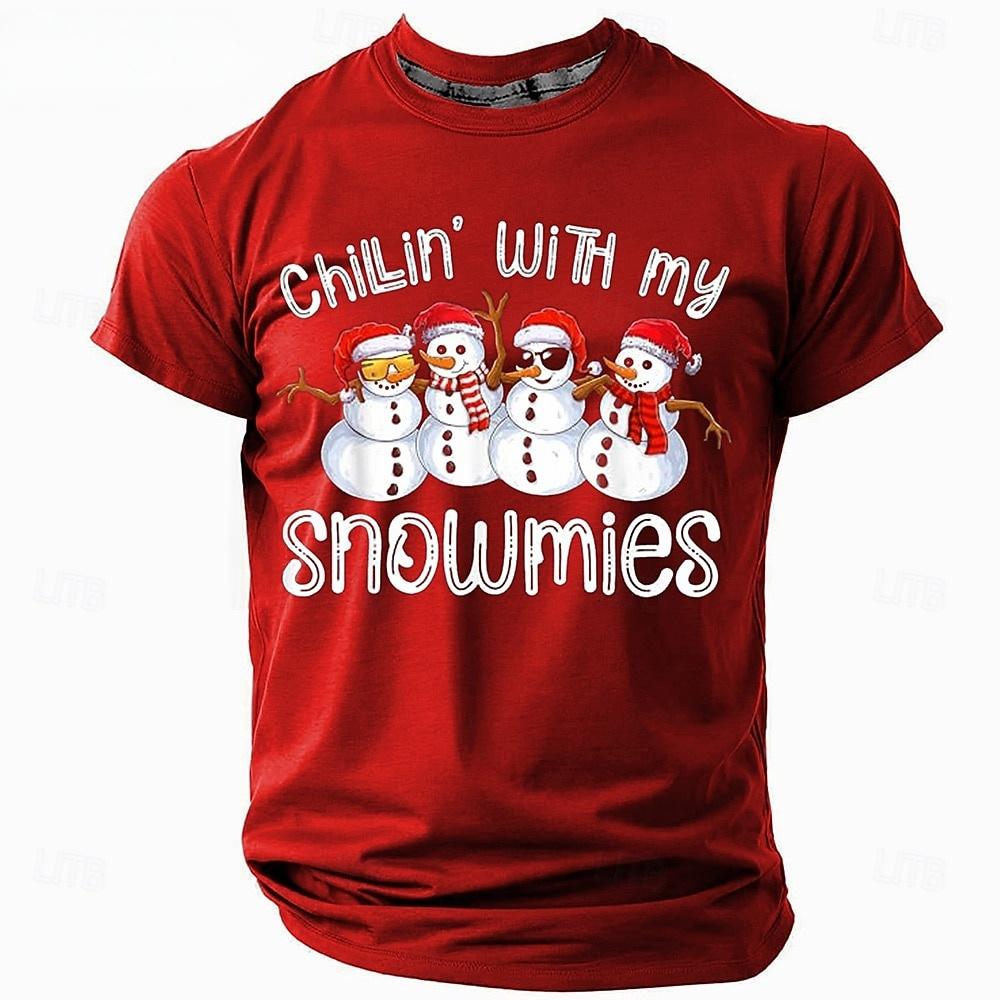 Happy Christmas Men's T-Shirt Cute Snowman Pattern Print Short Sleeves Casual Round Neck Pullover Tees New Year Men's Clothing