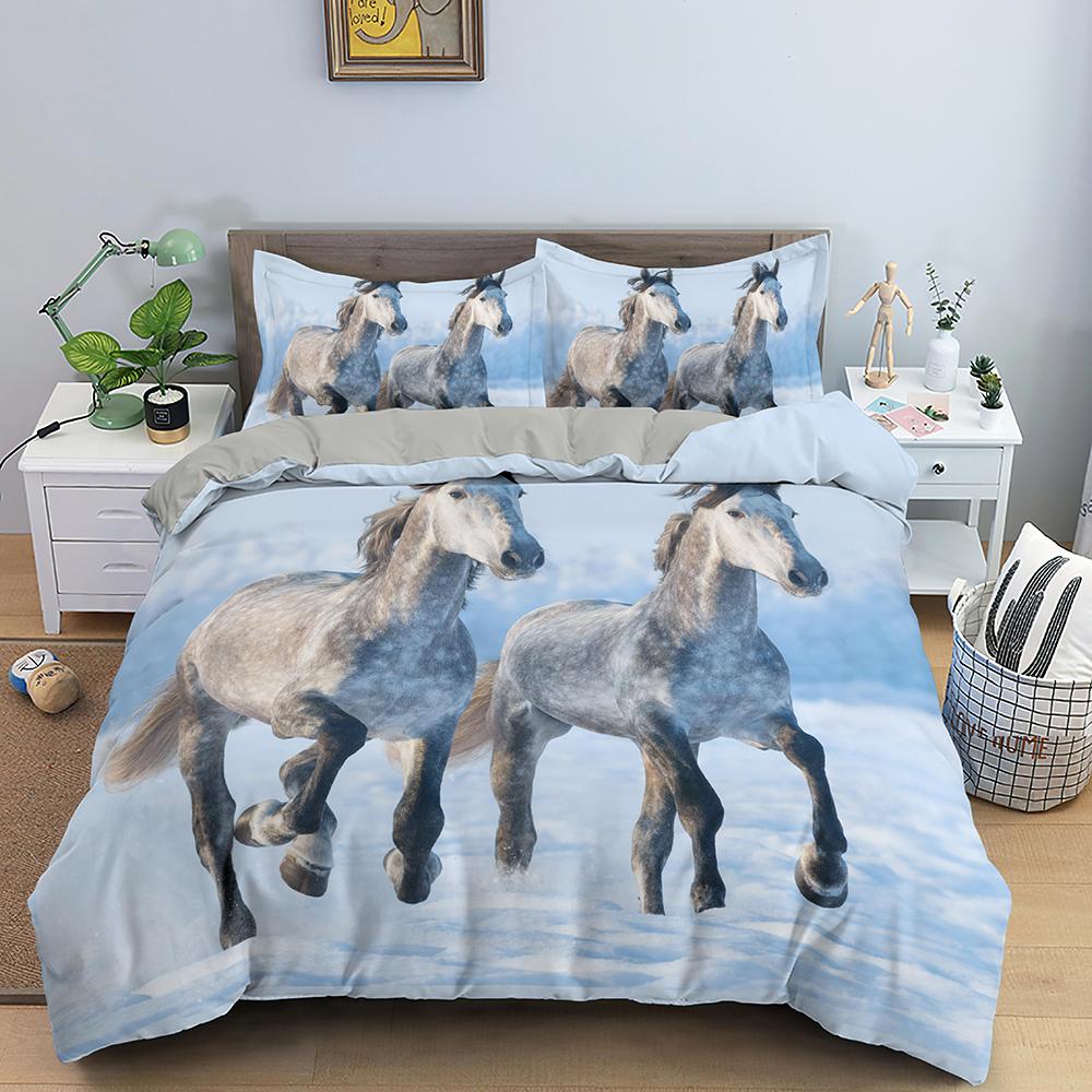 3D Horse Duvet Cover King Queen Size Black White Thoroughbreds Bedding Set For Teens Adults Animal 2/3pcs Polyester Quilt Cover