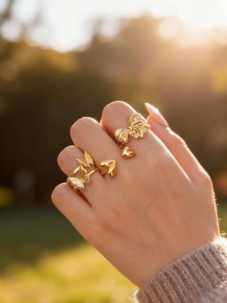 Adjustable Bowknot Ring for Women Two Butterfly Stainless Steel Bow Rings Classic Jewelry Gifts