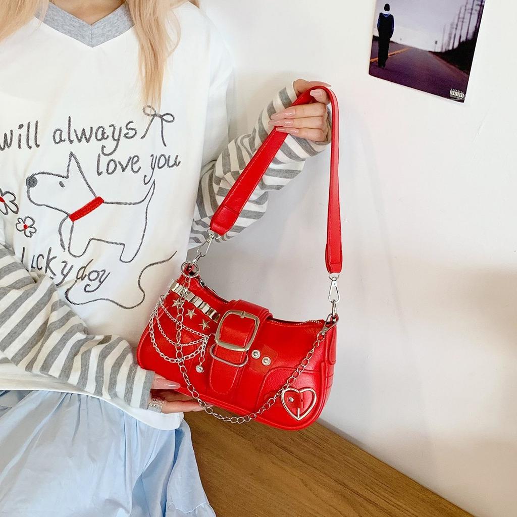 Y2K Sweet Cool Women's Underarm Bag Hot Girls Pink Shoulder Bags Messenger Bag Retro Design Female Chain Purse Armpit Handbags
