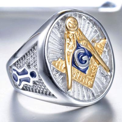 Pánský cool prsten Freemason Masonic pozlacený 10k zlatem Pánský nerezový ocel Velikost 7-15