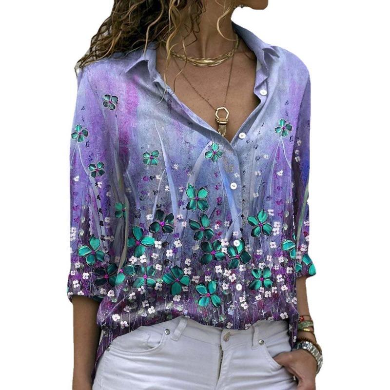 Spring and Summer Women's V-neck Casual Long-sleeved Shirt Flower Print Long-sleeved Lapel Shirt