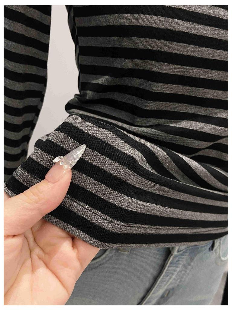 Women's European Stripe U-Neck Long-Sleeve Base Layer Shirt, Straight Shoulder Design, Spring Wear