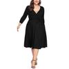 Vestido Casual Feminino Plus Size com Decote V, Cor Sólida, Manga de Sete Quartos, Cintura Marcada