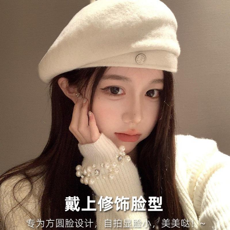 White wool beret woolen hat autumn and winter women's versatile face small painter hat women's high sense