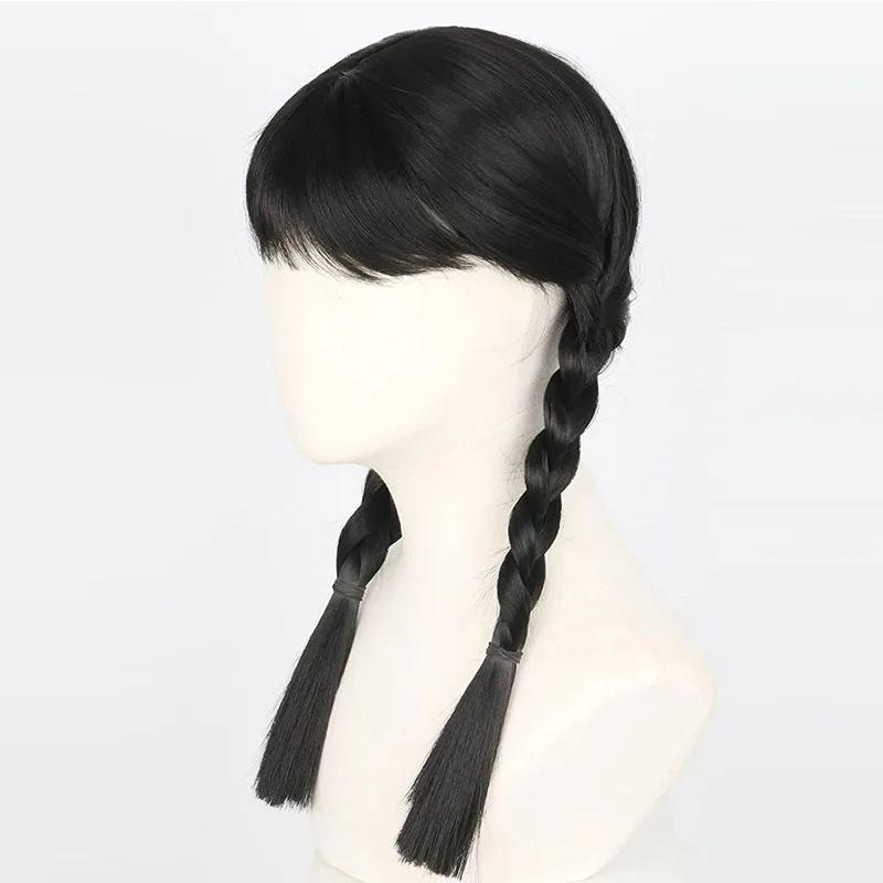 Cosplay Addams Family Zwarte Lange Vlecht Pruik Hoge Temperatuur Zijde Dagelijkse Slijtage Dames Volledige Pruiken Festival Feest Gesimuleerd Haar