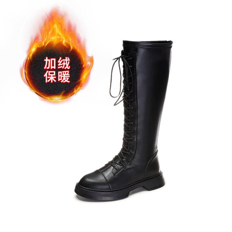 Leather Knight Boots Women's Winter New Velvet Boots Thick Heel Lace-up High Boots Casual Versatile Women's Boots