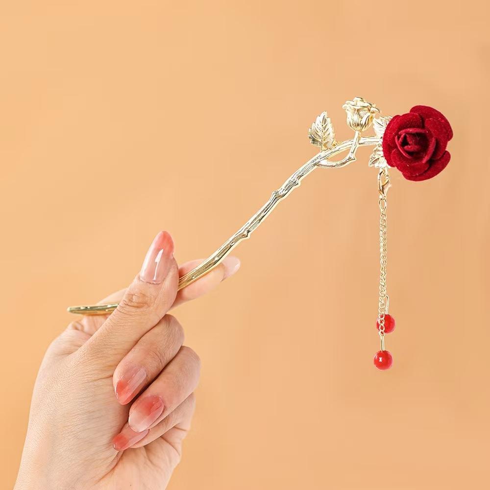 Romantic Rose Chinese Style Tassel Hair Clip Women's Fashion Handmade Hair Clip Exquisite Gift Women Hair Needle Hair Accessory