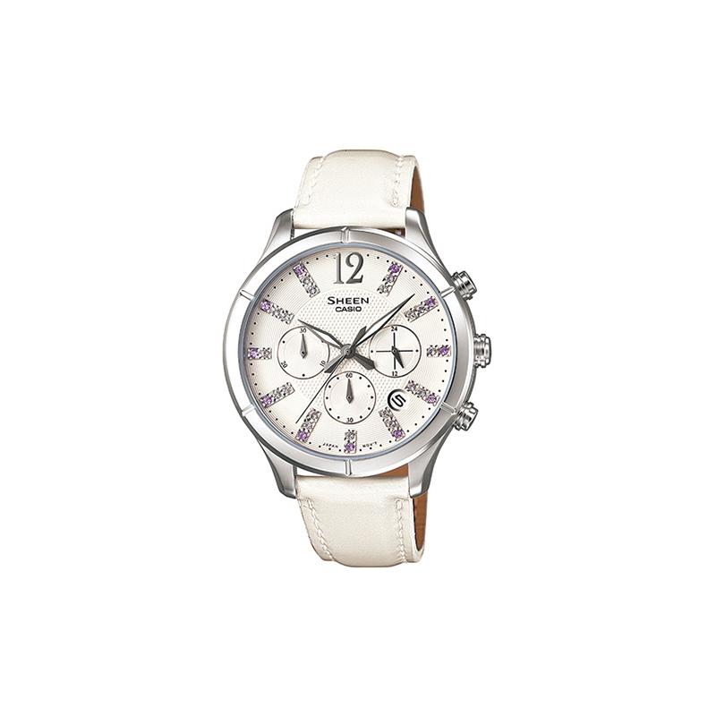 Casio SHEEN Series Simple Swarovski Rhinestone Scale Watch Quartz Movement Genuine Leather Strap Japanese and Korean Watch Women's SHE-5020L-7APR
