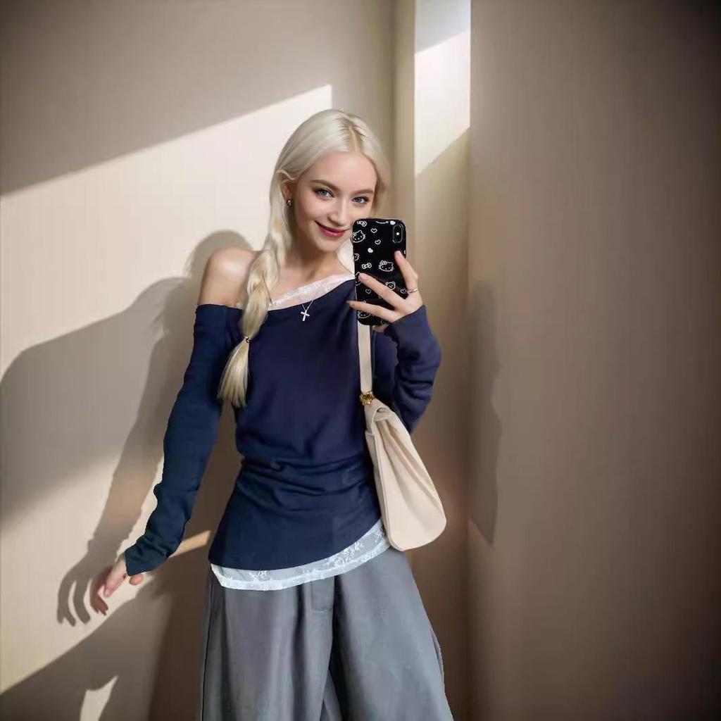 Off-Shoulder Spliced Lace Long-Sleeve Slim Top - 2024 New Pure & Sexy Autumn Style