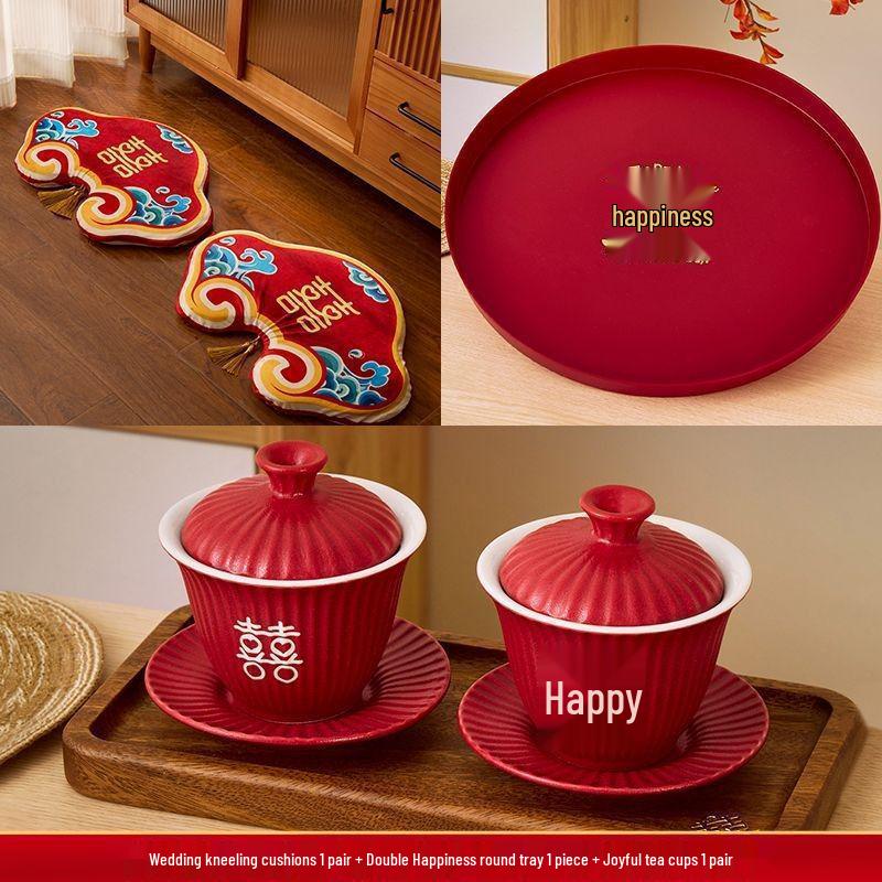Red Wedding Kneeling Cushions for Tea Ceremony and Bride's Address Change - Complete Cotton Set.