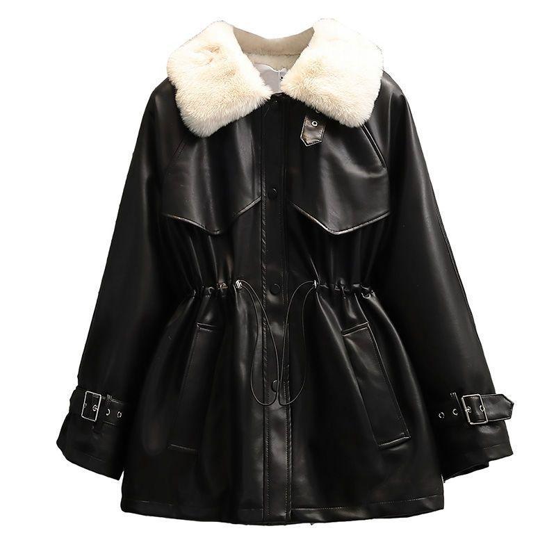 Autumn and Winter Large Size Women's Clothing New Temperament Waist Fur Integrated Locomotive Velvet Leather Jacket Women