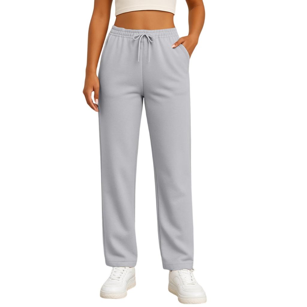 Pantalon droit tendance de couleur pour femme avec taille haute à cordon de serrage, poches et ceinture élastique, pantalon décontracté