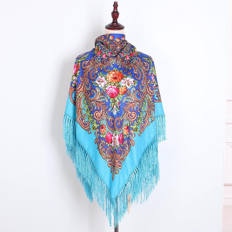 130*130cm Russian National Scarf Women Luxury Floral Bandana Fringed Ukrainian Shawl Big Size Handkerchief Babushka Head Wraps
