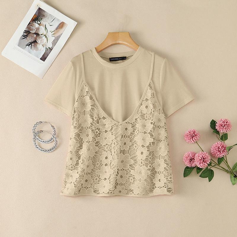 ZANZEA Women Casual Round Neck Lace Patchwork Summer Loose Short Sleeve T-Shirts M