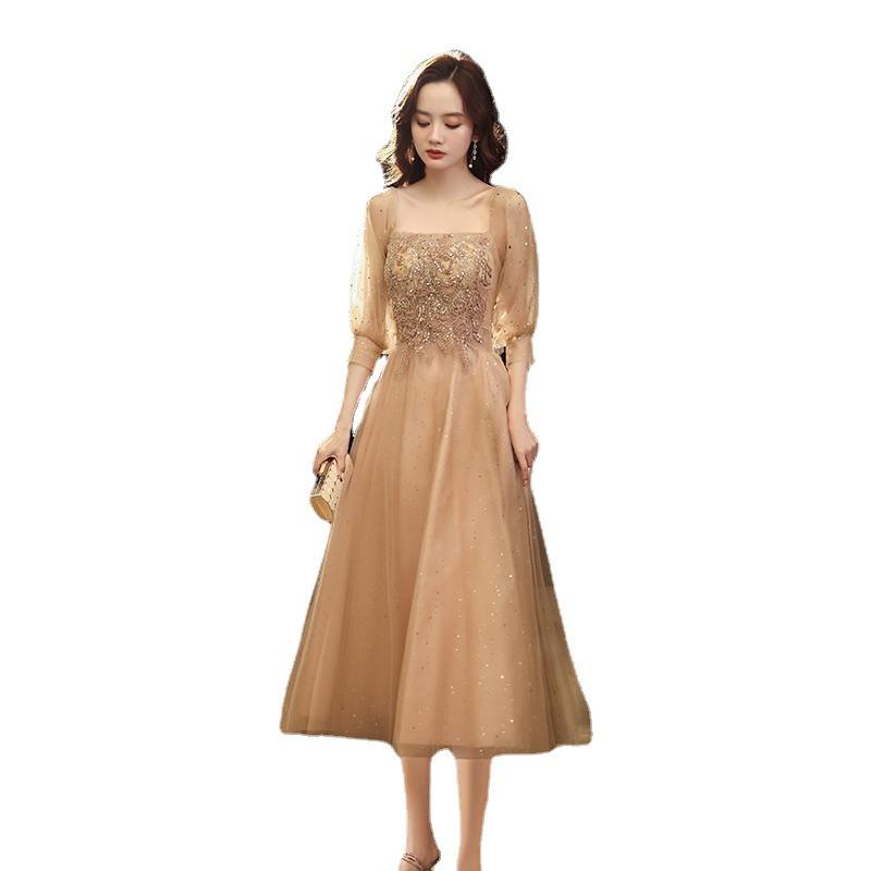 Champagne Banquet Evening Dress 1011 New Summer Temperament Dignified Long-sleeved Dress Host Performance Dress