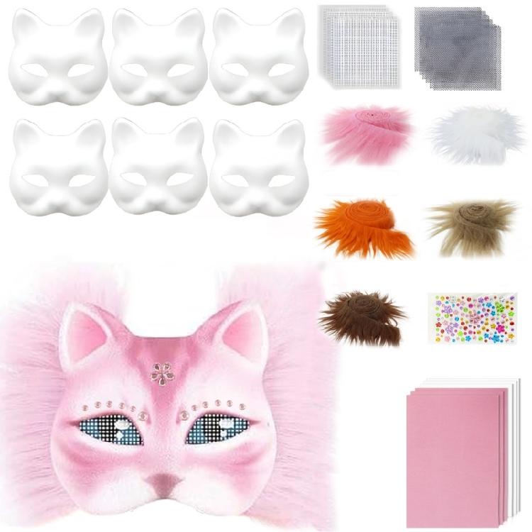 6Pieces White Cats Face Mask Unpainted Masquerades Mask for Halloween Includes Furry Trim Eye Mesh Felted Cloth Sticker