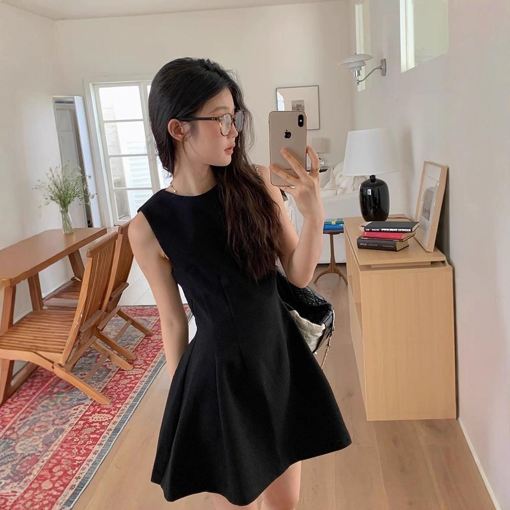 Sophisticated Black Cotton Blend A Line Sleeveless Dress For Summer Elegant Womens Fashion
