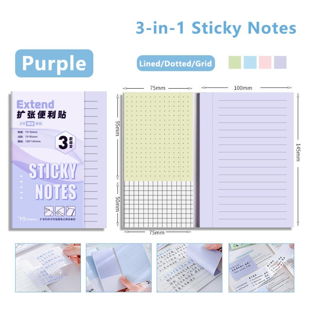 

3-in-1 Self-Stick Notes Extendable Self-Adhesive Memo Pads Extendable Sticky Notes School Office 3