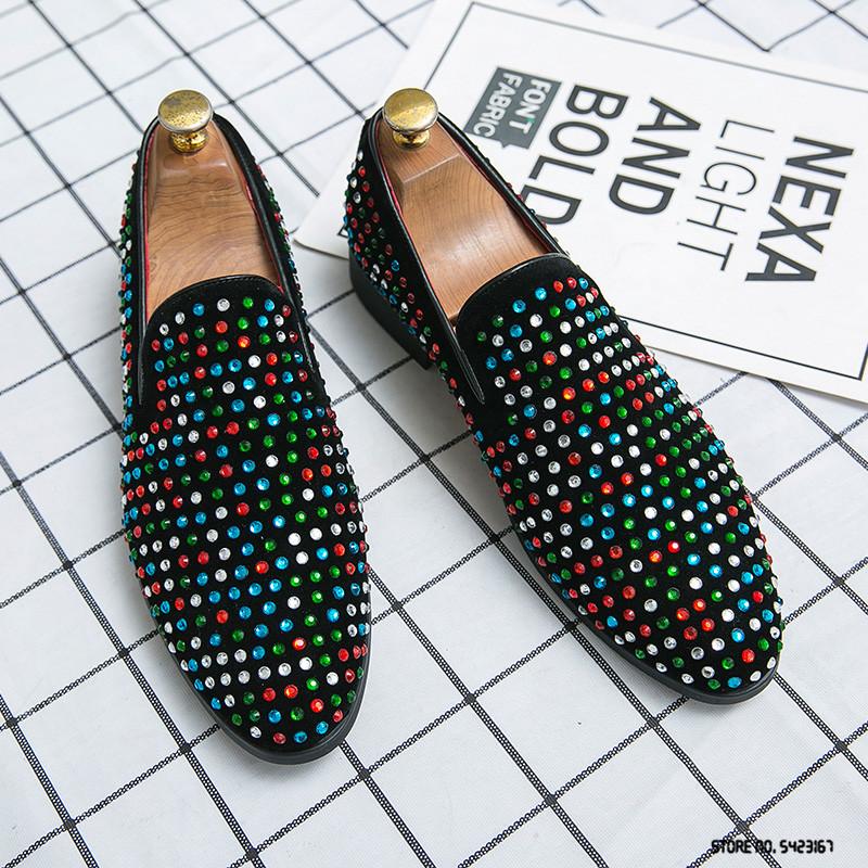 Fashion Luxury Designer Charm Rhinestones Pointed Flats Oxford Shoes Men Casual Loafers Formal Dress Footwear Sapatos Tenis Masculino