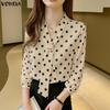 VONDA Elegant Women Tie V Neck Long Sleeve Polka Dots Casual Blouse Tops