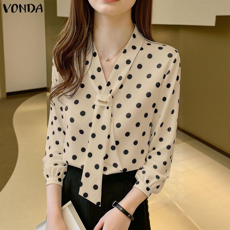 VONDA Elegant Women Tie V Neck Long Sleeve Polka Dots Casual Blouse Tops