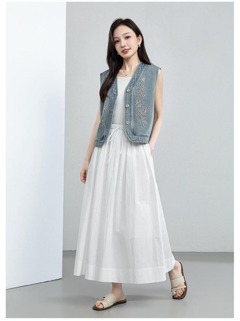 Xin Ge Women's Textured A-line Mid-length Skirt with Elastic Waist - Summer 2026 Collection