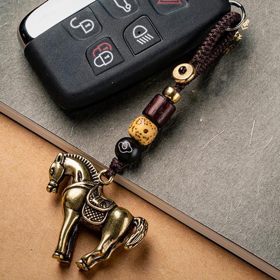 Keychain Pendant Brass Horse Charm Car Key Chain with Hand-Braided Cord Beadwork Immediate Success Bag Charm Car Ornament