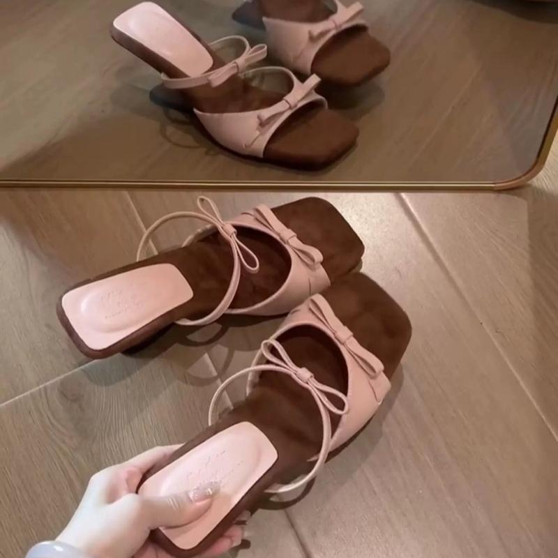 Slipper Mules Low High Heels Shoes Summer Best Street Look Females Square Head Open Toe Bow Strappy Sandals Women